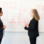 Two professionals brainstorming digital marketing ideas on a whiteboard.